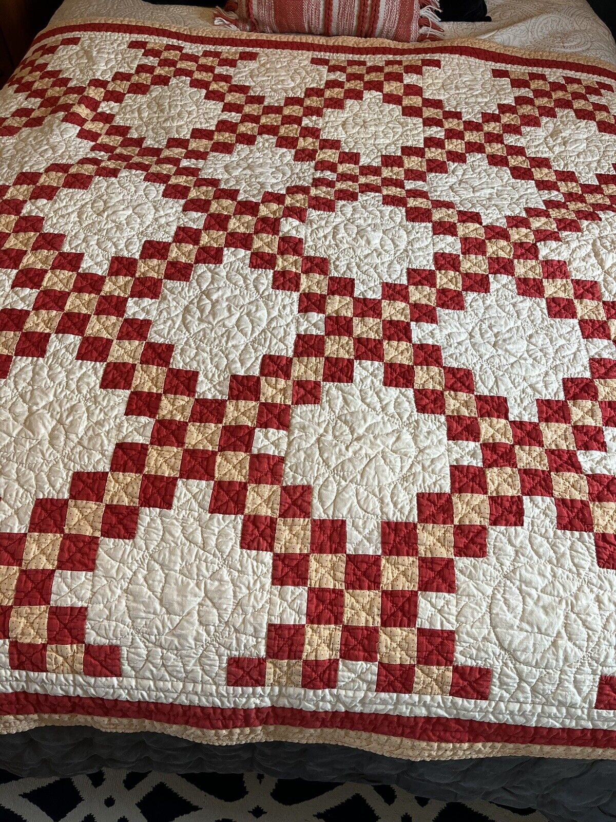 Vintage Handmade Quilt Irish Chain Red And Gold Stitched