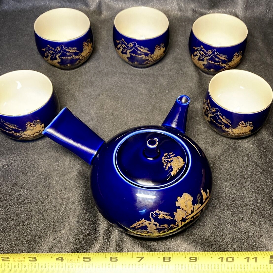 Vintage Kyusu Japanese Tea Set: Cobalt Blue & Gold Side Handle Teapot w/ 5 Cups