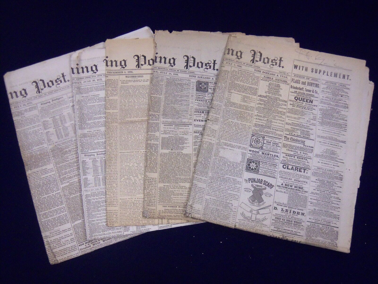 1872-1886 THE EVENING POST NEWSPAPER LOT OF 5 ISSUES - NICE ADS- NP 1863