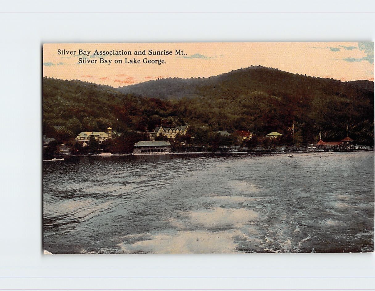 Postcard Silver Bay Association and Sunrise Mountain, Silver Bay on Lake George
