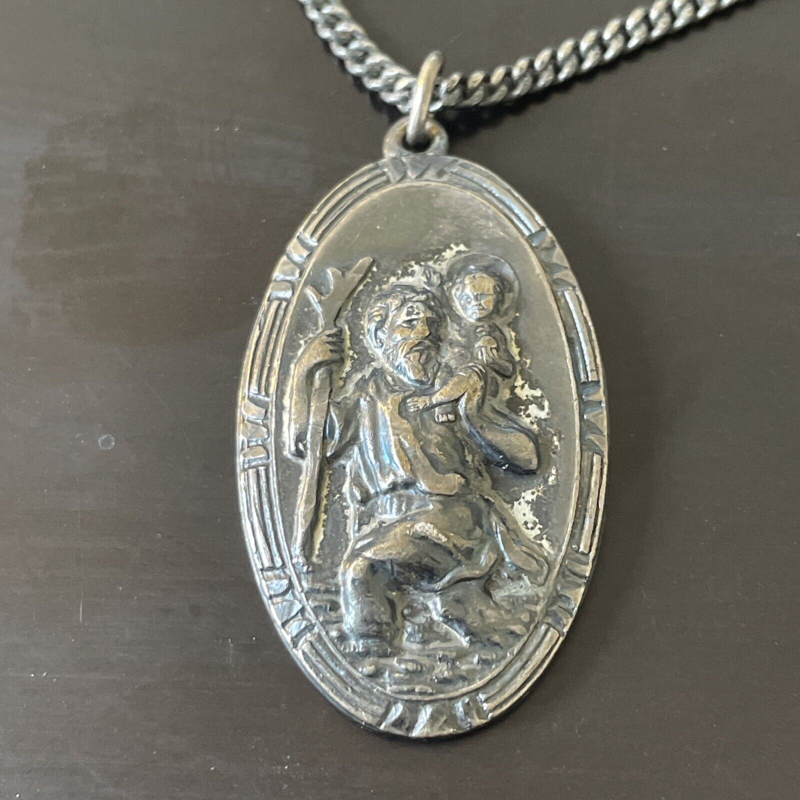 A. GALE INC. Antique STERLING SILVER ST. CHRISTOPHER PENDANT 17.9 gm 24” Chain