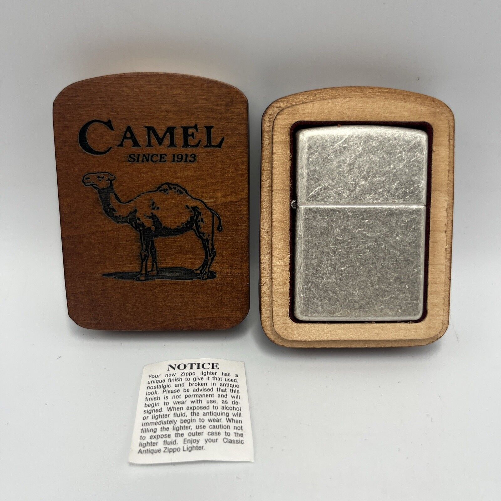 Vintage 1998 Camel Antique Silver Zippo Lighter NEW In Wooden Camel Box