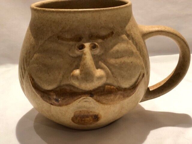 Vintage Handlebar Mustache Face Mug Pottery Craft USA  1970\'s 3D Figural Cup