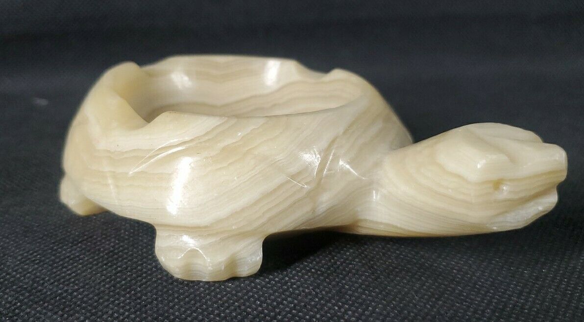 Hand Carved Alabaster Onyx Marble Turtle Ashtray Trinket Dish Handmade Nice