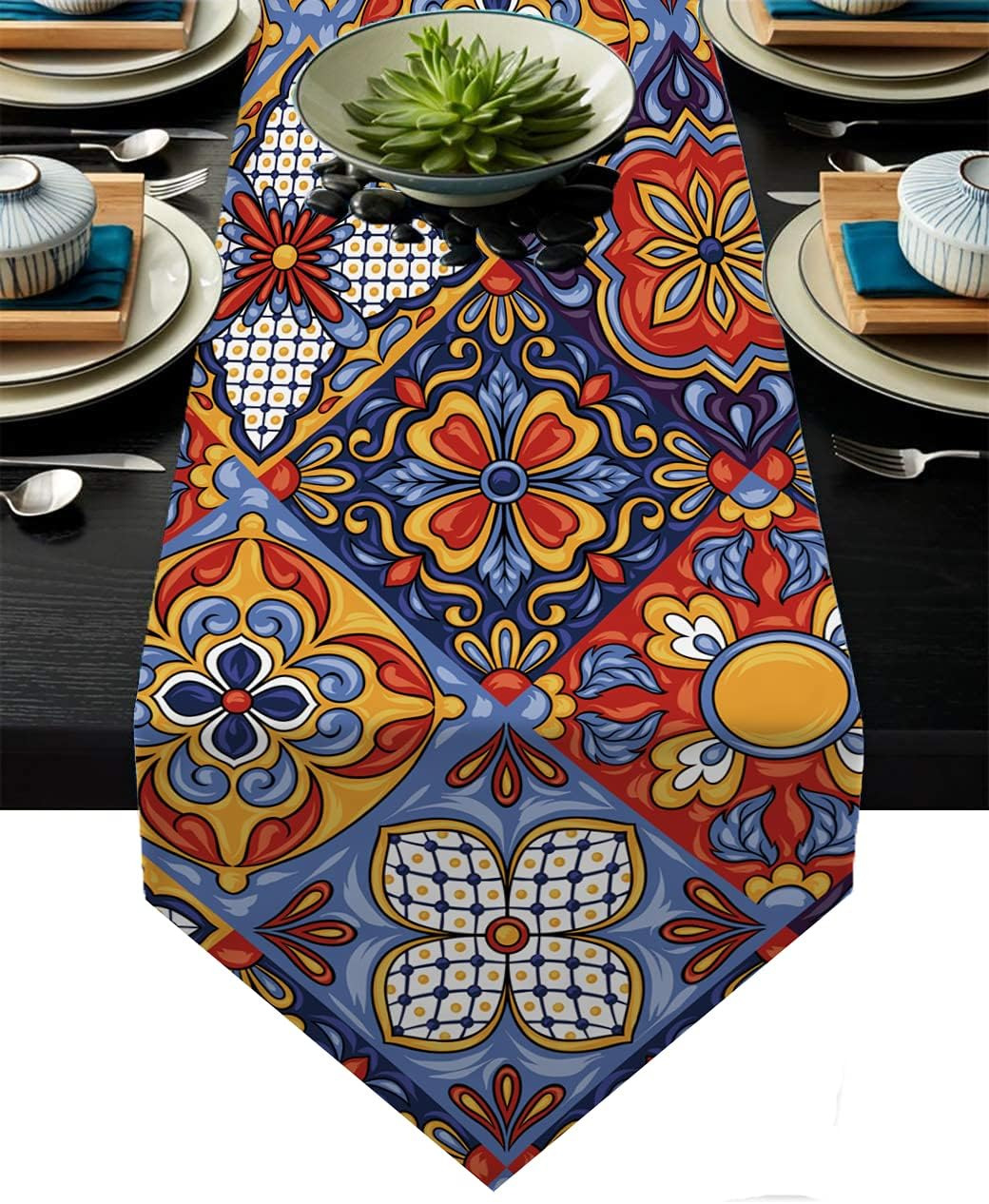 Mexican Talavera Ceramic Tile Pattern Linen Table Runners Dinner Table Setting