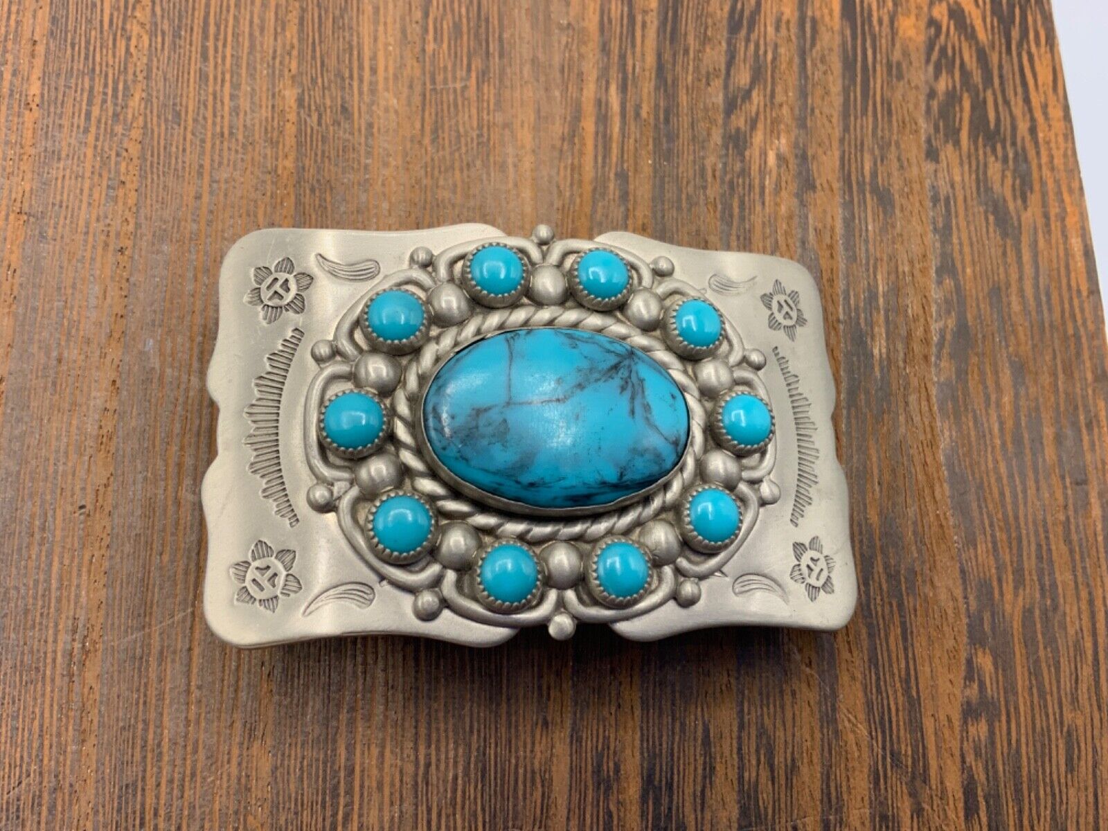 Vtg Bell Trading Post Belt Buckle Nickel Silver Faux Turquoise Excellent