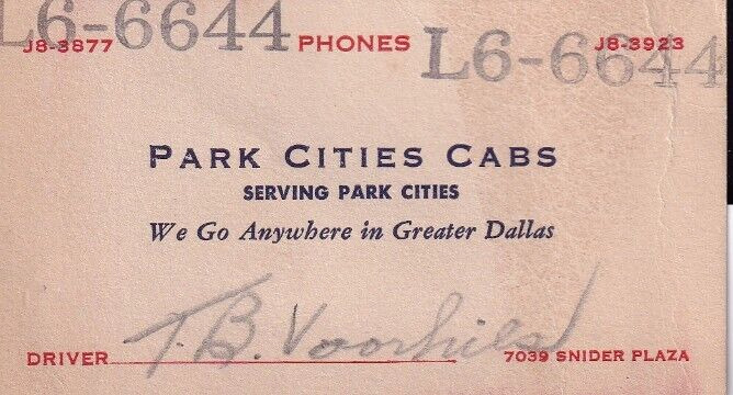 Park Cities Dallas TX Vintage Business Card Park Cities Cabs T B Voorhies c.1950