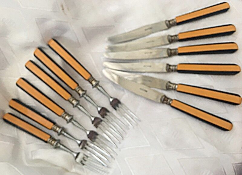 ART DECO Rostfrei Germany BAKELITE Fruit Knives & Forks Set