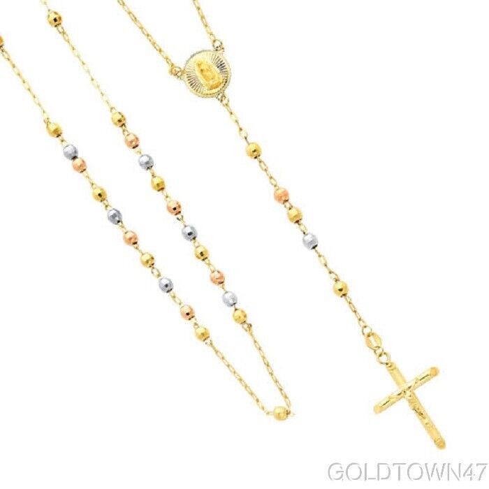14K Yellow + White+ Rose Gold-2.5mm-Beads-Our-Lady-Guadalupe-Rosary-Necklace-18