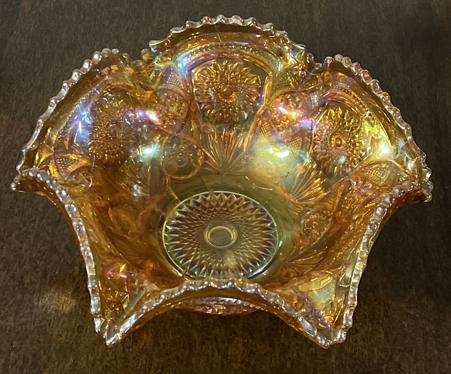 Fenton Ruffled Edge Bowl Carnival Glass Marigold Hobstar 12 INCH. CRACKED READ