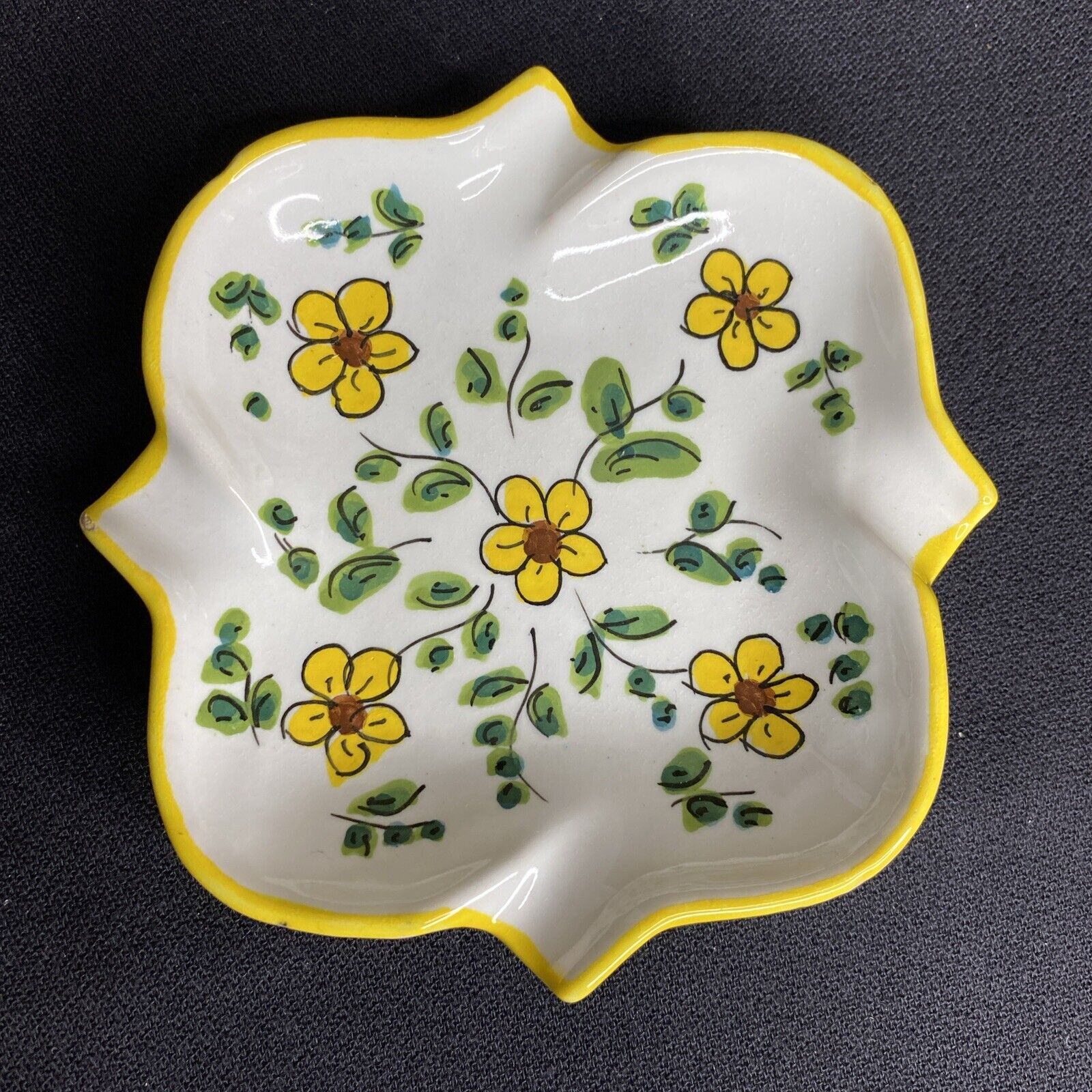 Vintage Handpainted Ashtray Italy signed Floral Sunflower 60's Yellow