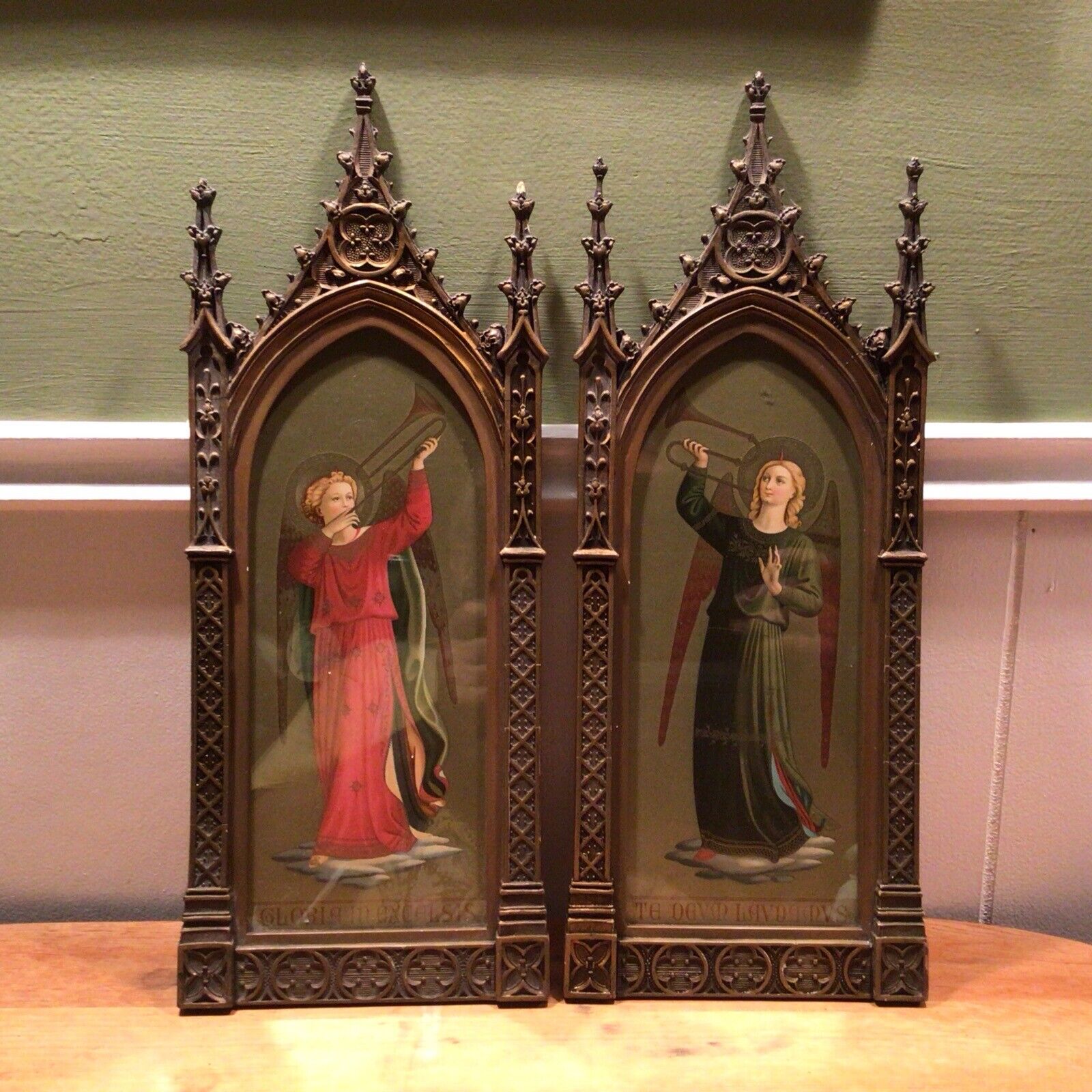 19th Century Wood Frame Gothic W/ Angelic St. Gabriel And Trumpet, Latin At Base