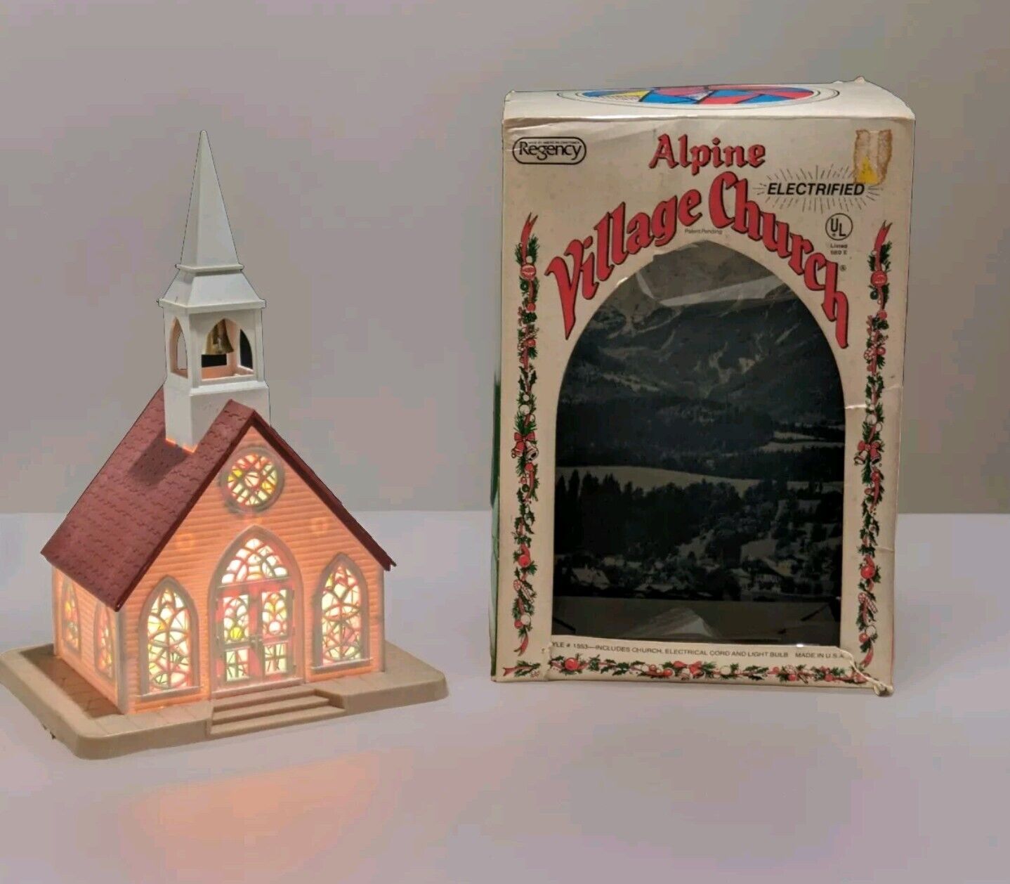 Vintage 1960s Regency Electric Light Up Alpine Village Church WORKS In Box