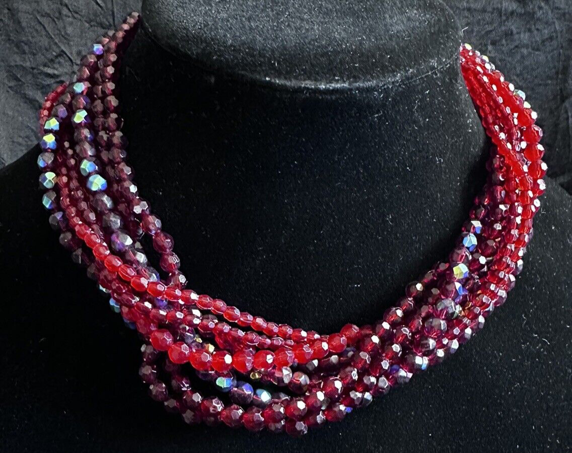 Vintage Red Czech Fire Polished Glass Bead Multi Strand Necklace Gold Filigree