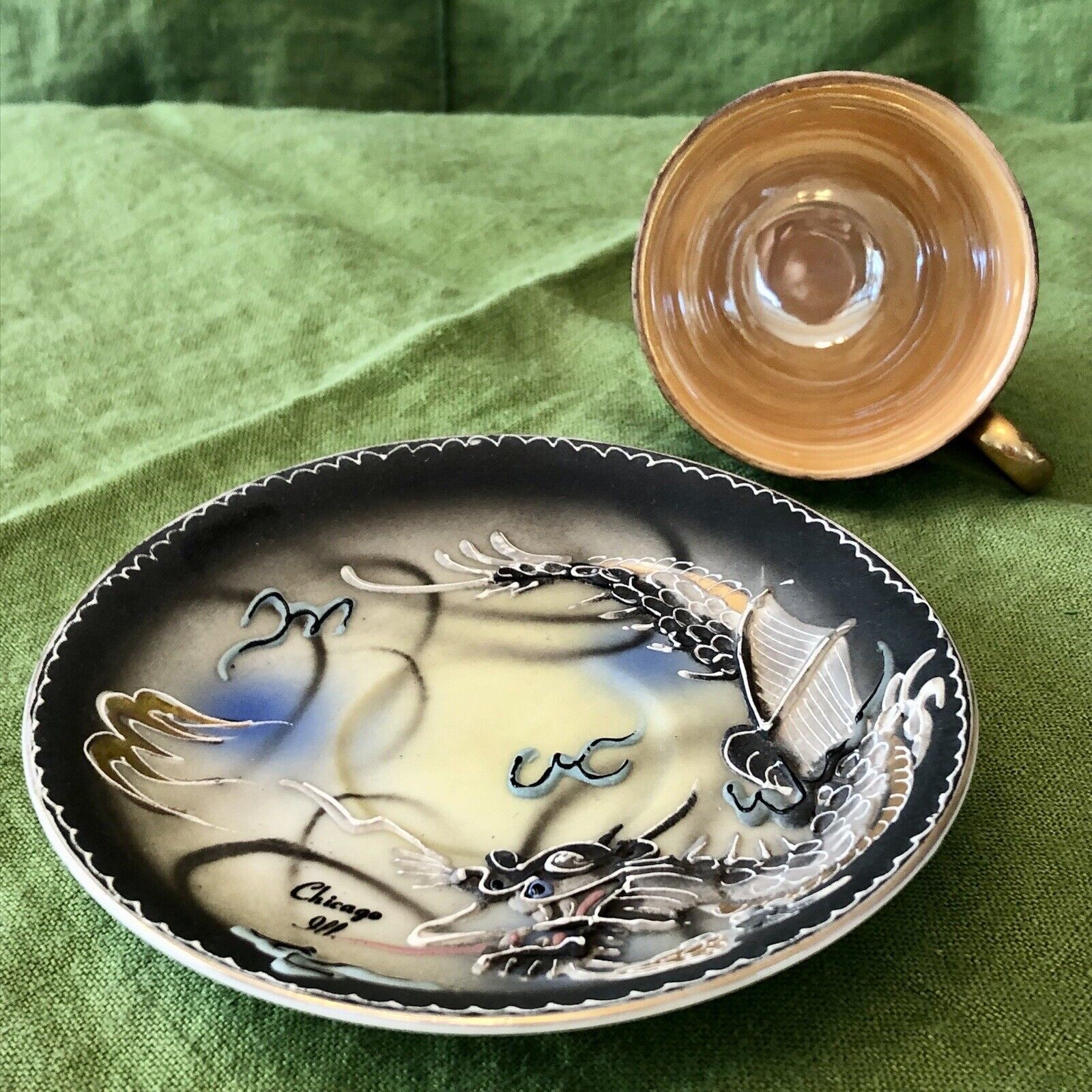 BLUE EYED Dragon Dragonware Luster Mini Cup Saucer Set Gold Gilt Japan c. 1940s