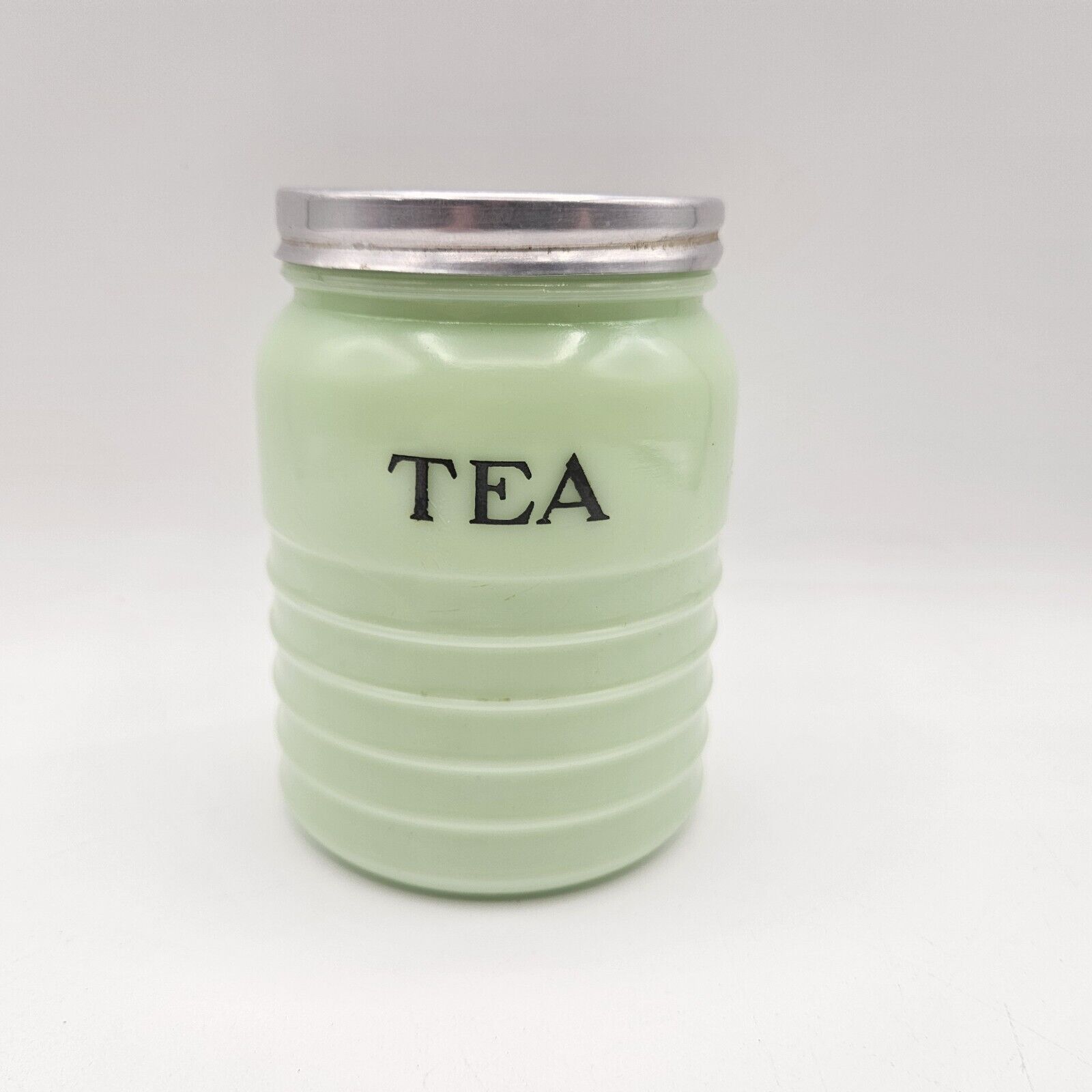 Vintage Jadeite Jeanette Green Milk Glass Tea Canister Jar with Metal Lid 16oz.