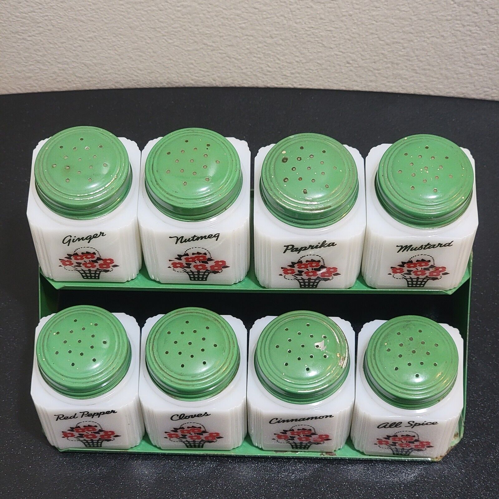 Vintage Tipp USA Spice Jars Milk Glass Green Metal Lids Flowers Set Of 8 w/ Rack