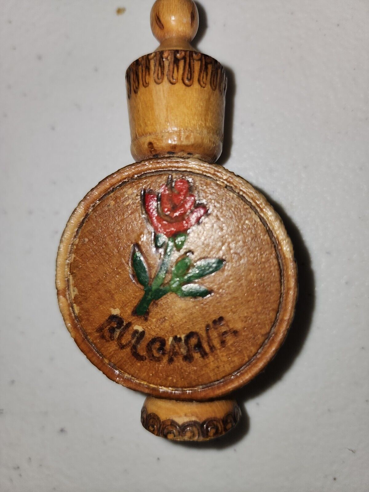 Vintage Bulgarian Rose Oil Vile Hand Painted Wooden Perfume Decanter Complete