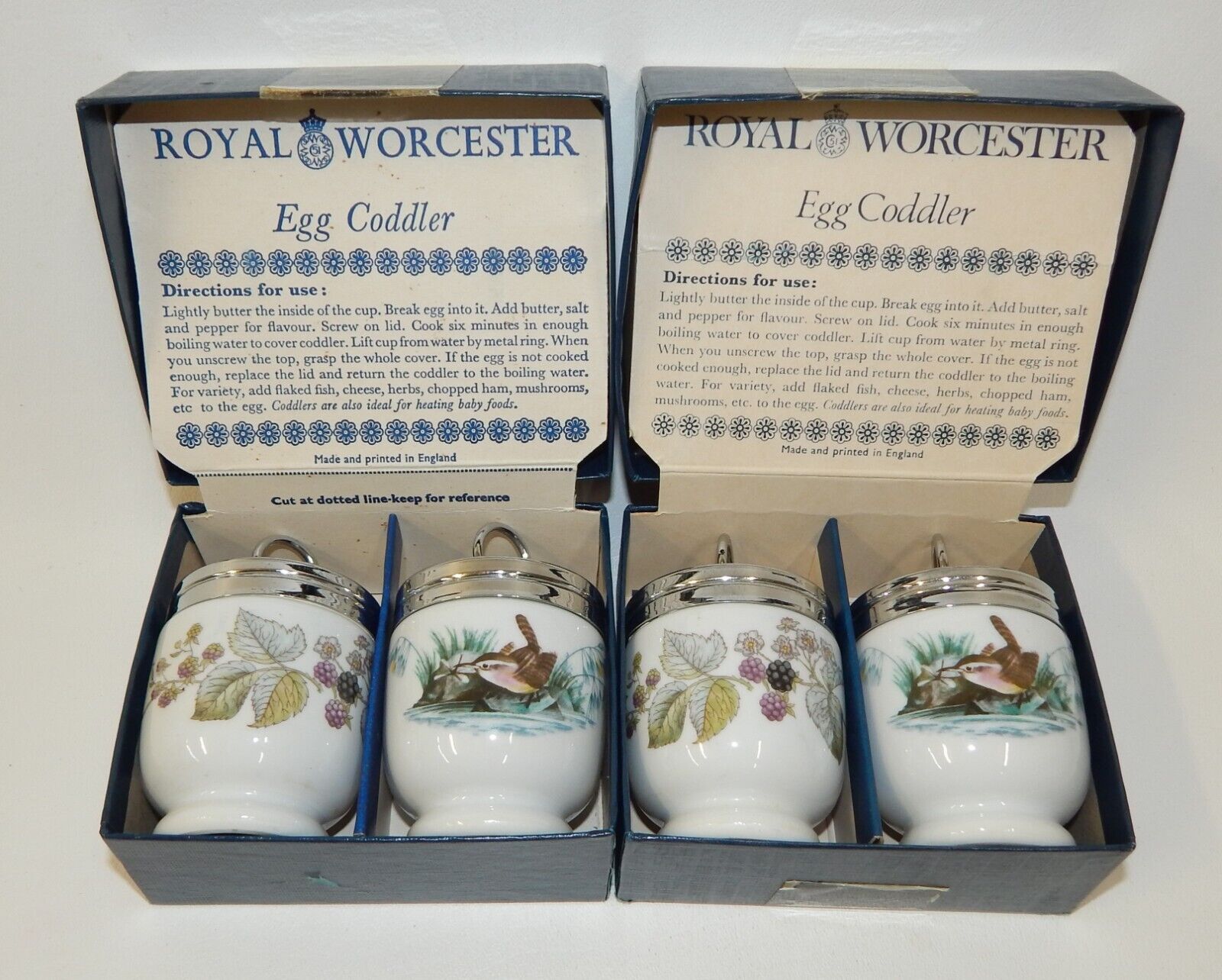 Set 4 Royal Worchester Egg Coddler Cups - Song Birds & Berries - Mint in Boxes