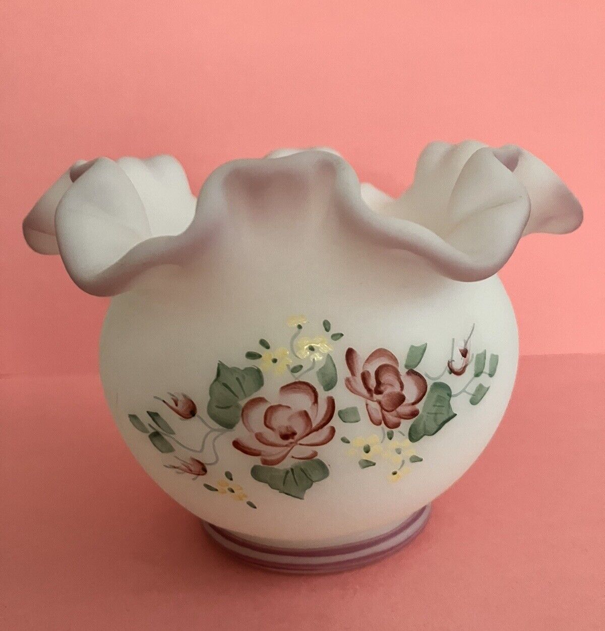 Vintage Fenton Bowl Vase White Custard Glass With Roses