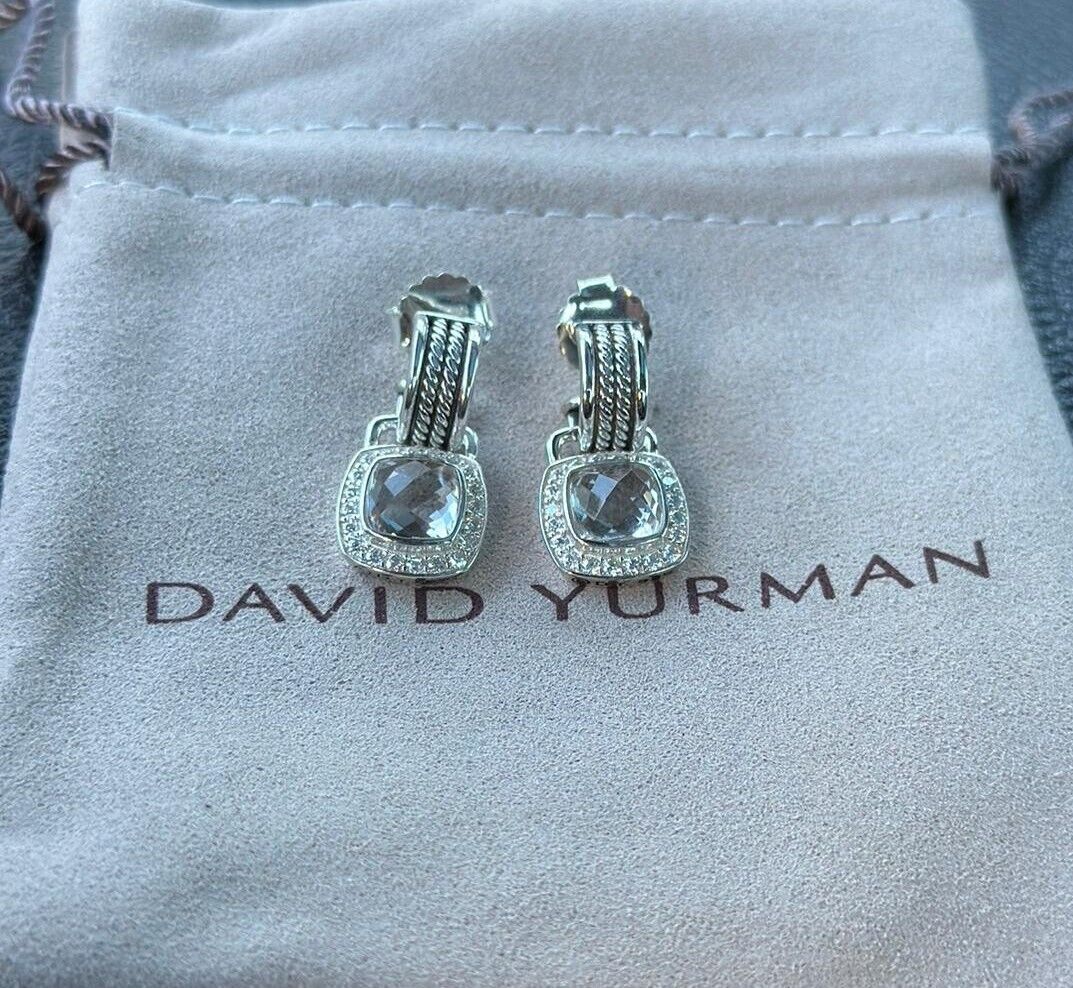 David Yurman Sterling Silver 7mm Albion Drop Earrings White Topaz w/ Diamonds