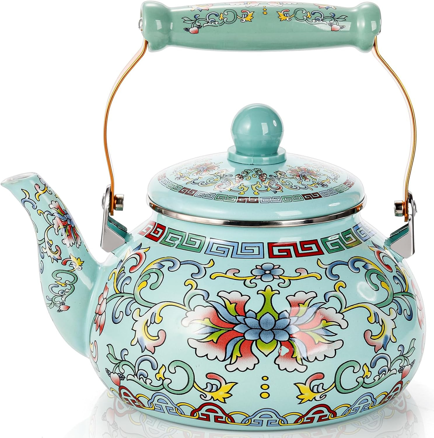 2.6 Quart Vintage Enamel Tea Kettle Large Enameled Floral Teapot Flower Enamel