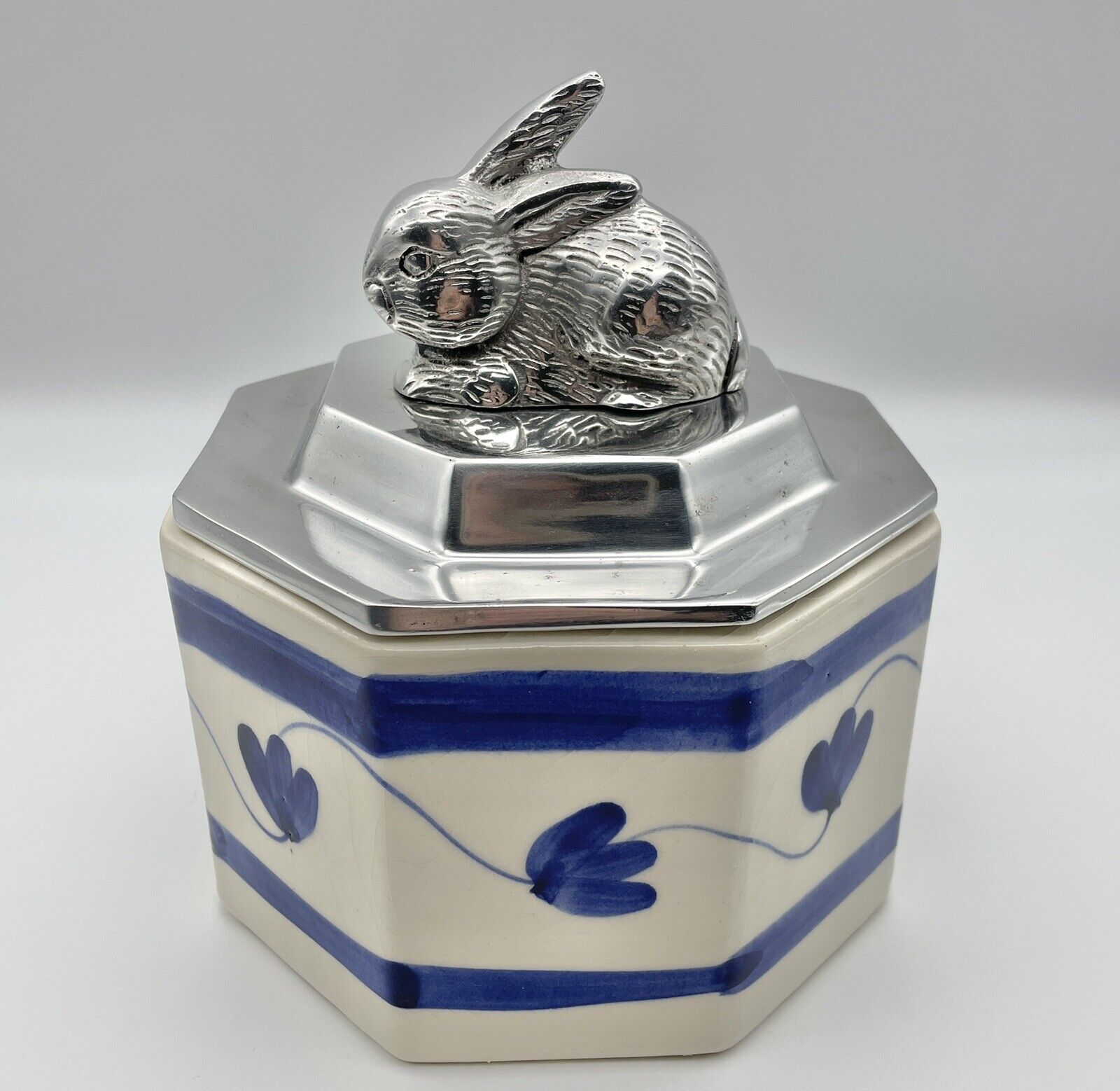 Trinket Box Blue & White Ceramic with Metal Bunny Rabbit Lid Vtg Cottage Core