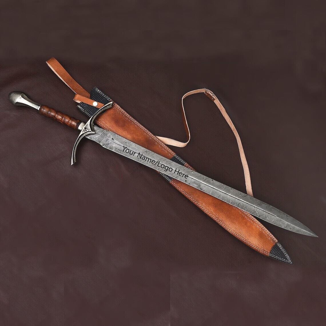 Handmade Damascus Steel Sword with Leader Sheath, Viking Sword, Battle Ready