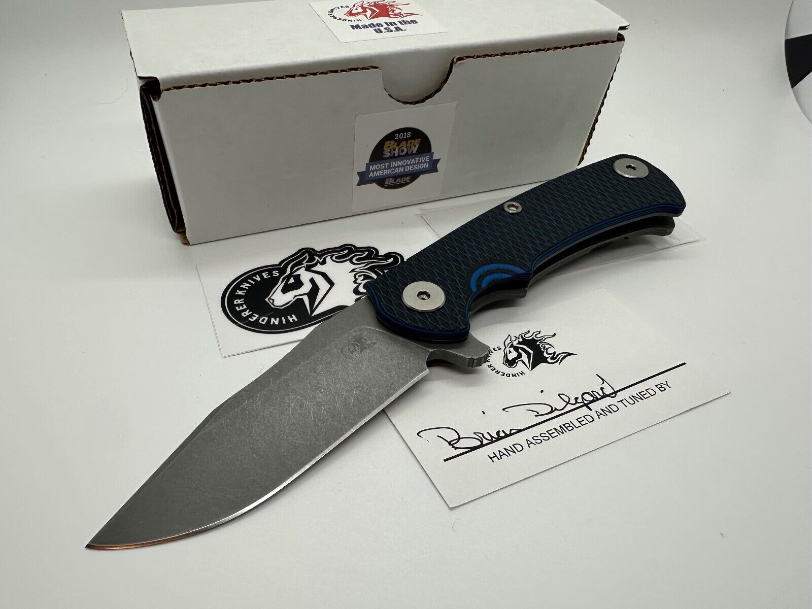 Hinderer Project X, Textured WF Ti, Blue/Black G10, Working Finish S45VN - NEW