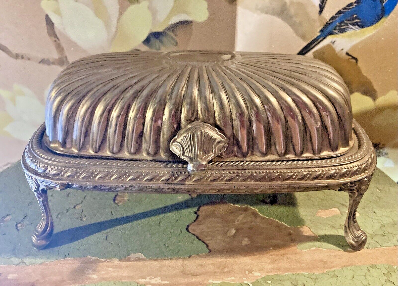 Ornate Silver Plate Roll Top Covered Butter Dish Glass Tray Insert Regal Quality