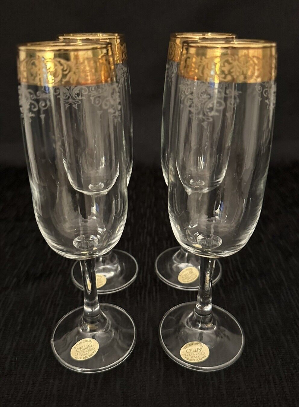 VNTG Cellini Set/4 Wine Glasses Etched Glass;24K Gold Rims W/Sticker Labels
