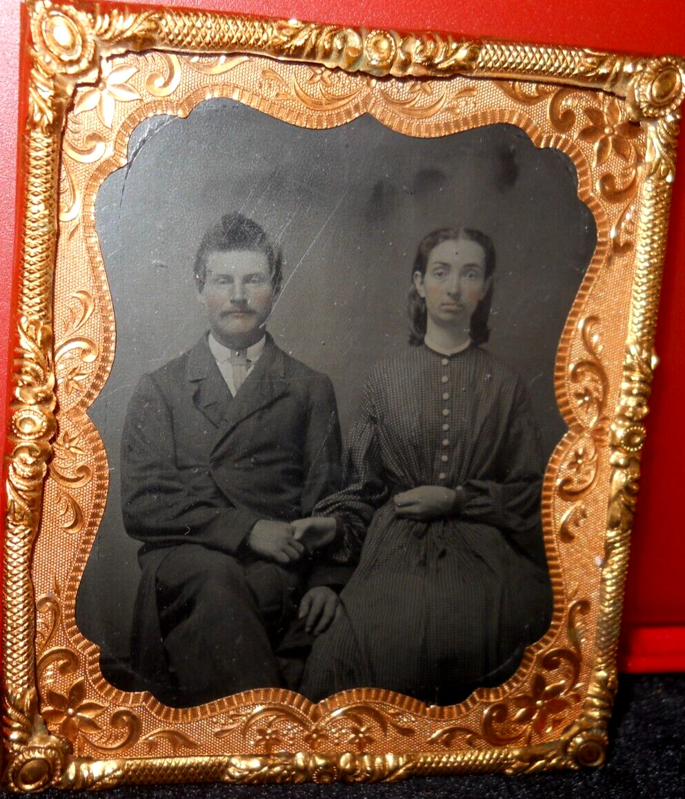 1/6th size Tintype of young couple in brass mat/frame