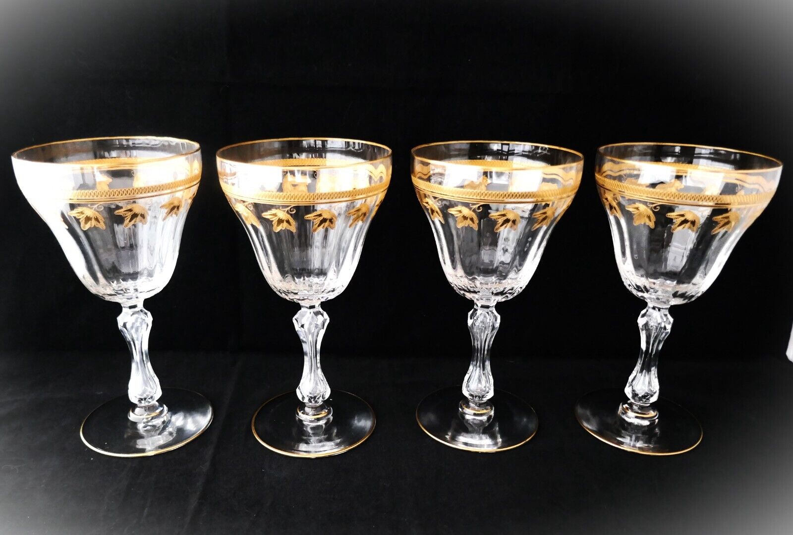Antique set 4 Saint Louis France Water Wine Goblet Glasses gold gild encrusted A