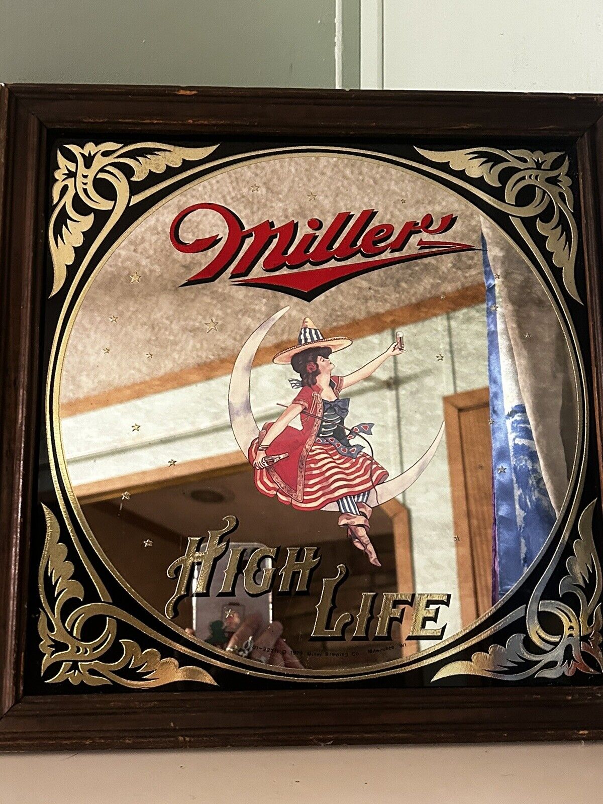 Vintage 1979 Miller High Life Beer Witch on Moon Framed Bar Mirror Sign 14x14