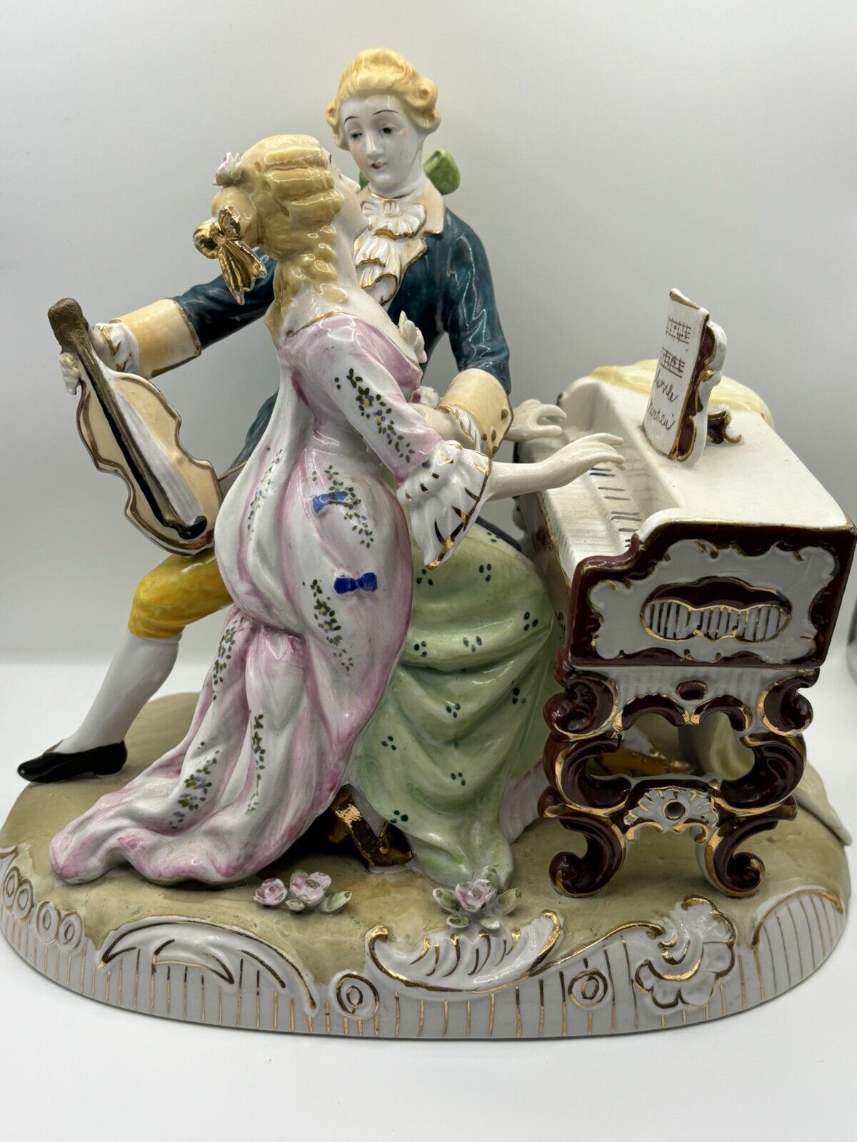 Vintage Dresden Style Porcelain Figurine Victorian Musical Couple Pianist