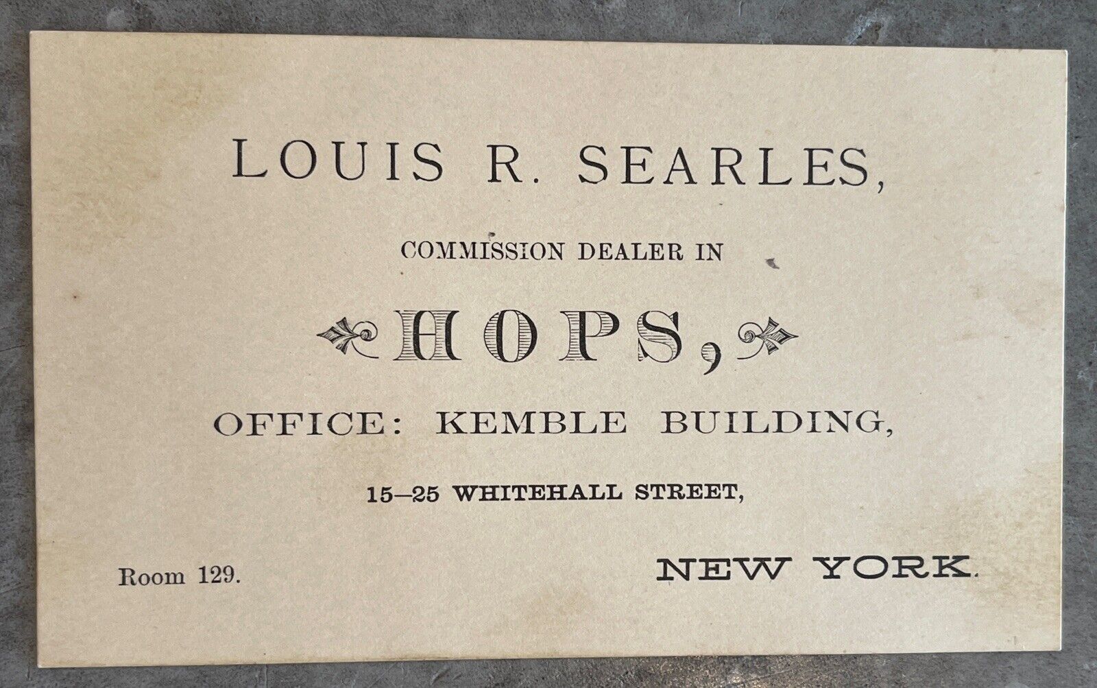 Antique Business Card Hops Dealer Kemble Building New York City