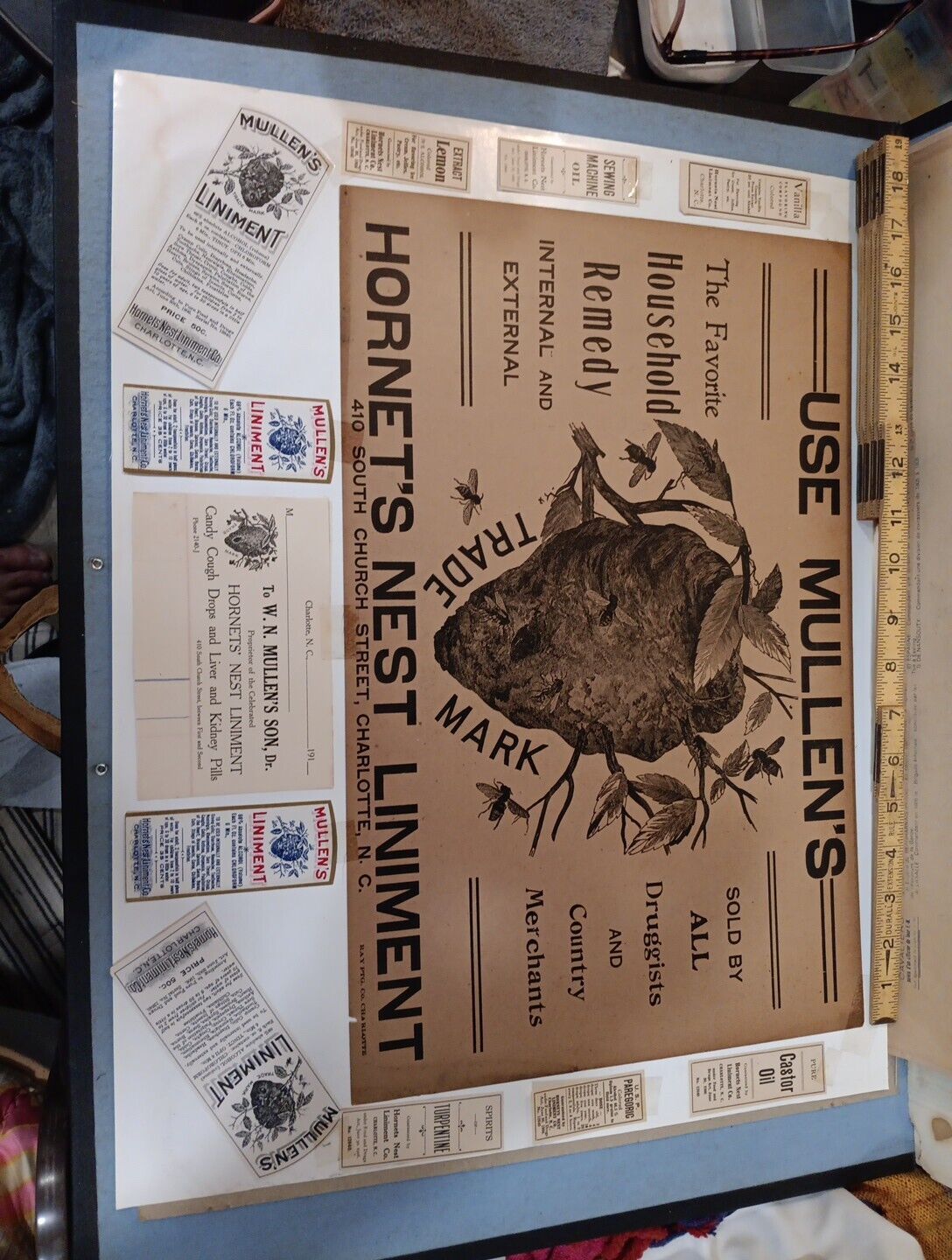Antique Mullen\'s Hornets Nest Liniment Paper Board Advertising Sign + Labels