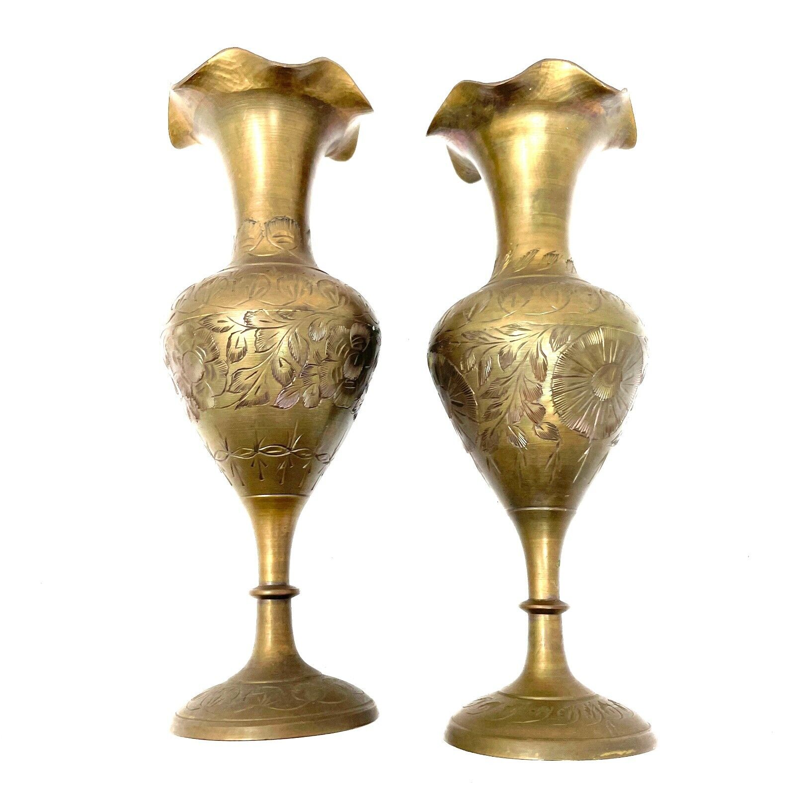 2 Pcs Vintage Solid Brass 9 in Vases, Decorative Collectibles, Floral Theme