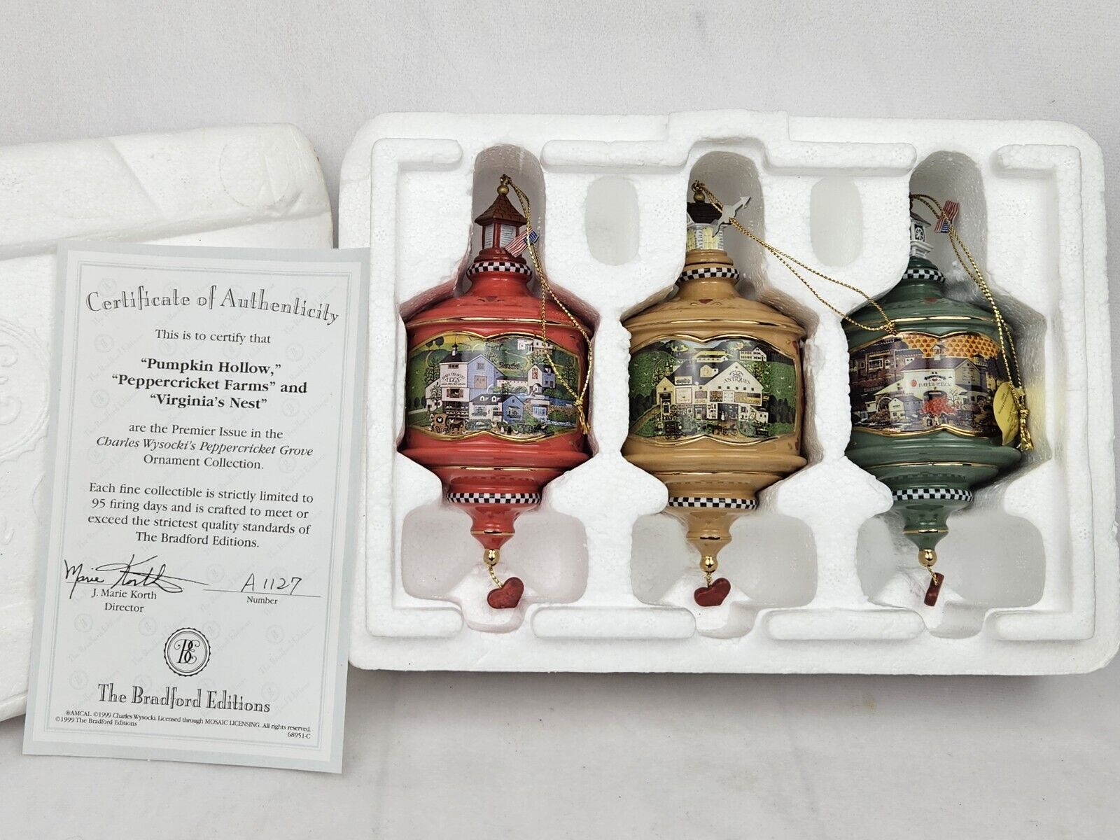 Charles Wysocki Peppercricket Grove Ornaments Set of 3 Porcelain Bradford 1999