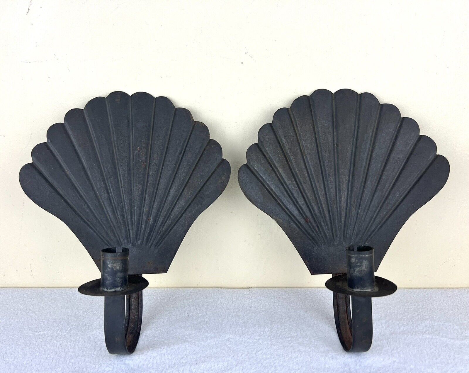 Pair Of Vintage Tin Fan Shaped Wall Taper Candle Sconces 10.25” Primitive Style