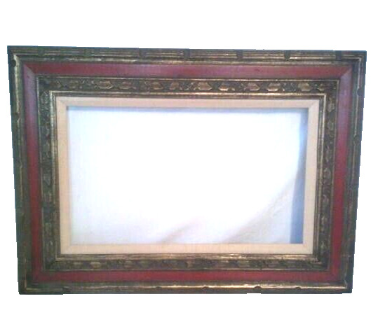 Vintage Ornate Hand Carved Large Wood Picture Frame Gold Red With Linen Border