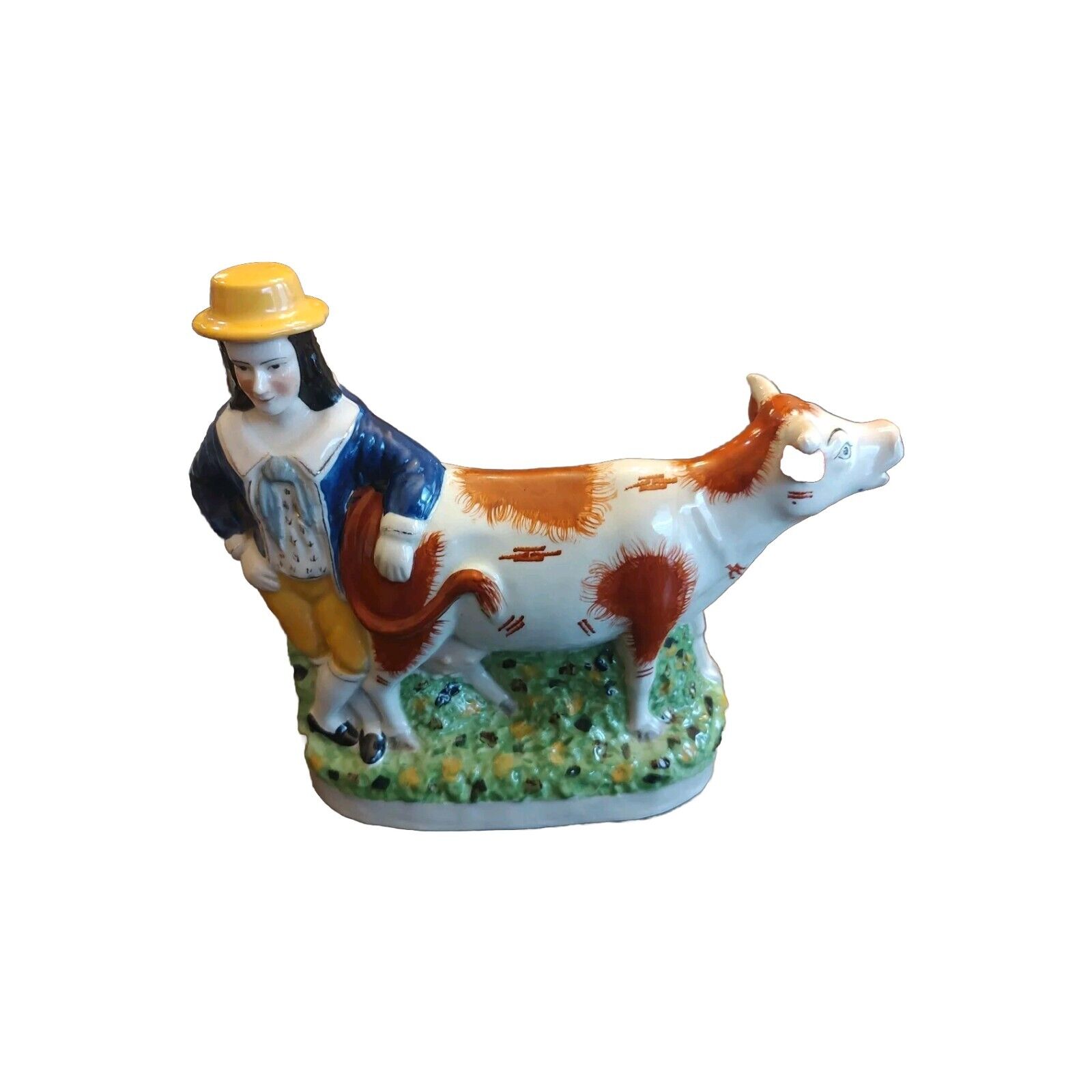 ANTIQUE STAFFORDSHIRE POTTERY FIGURE VICTORIAN STYLE BOY WITH COW EX COND.