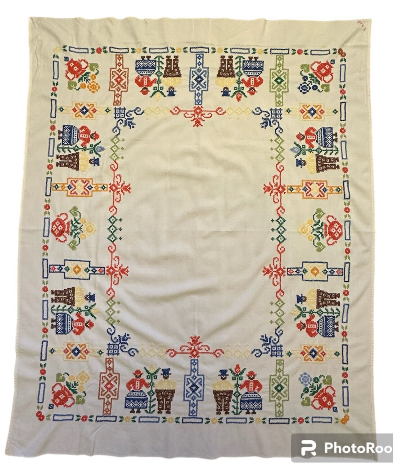 Antique Pennsylvania Dutch Cross Stitched White Cotton Rectangular Tablecloth