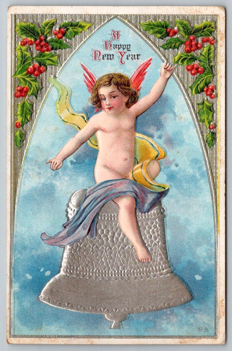 1914 HAPPY NEW YEAR CHERUB ANGEL ON SILVER BELL HOLLY BERRIES EMBOSSED POSTCARD