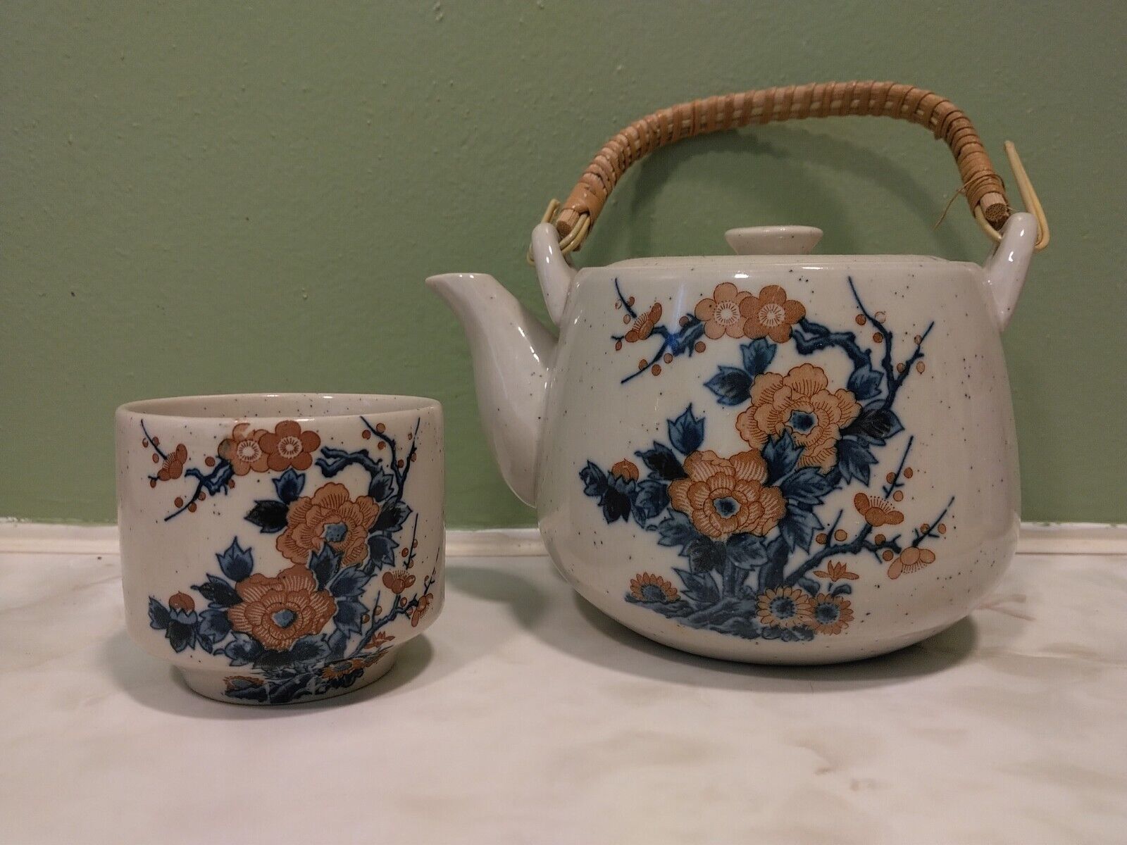 Vintage pink, blue, beige Floral Armbee Teapot with bamboo handle and teacup