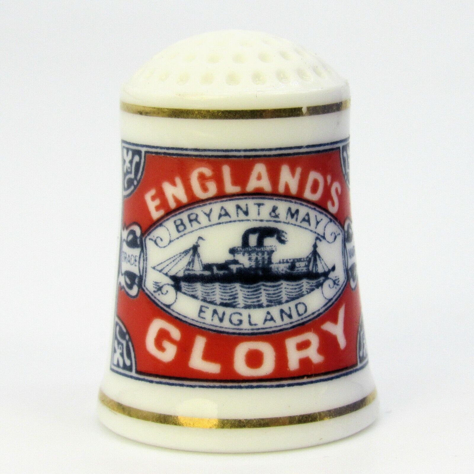 FINE PORCELAIN THIMBLE \'ENGLAND\'S GLORY, BRYANT & MAY\' BY FRANKLIN (TM226)