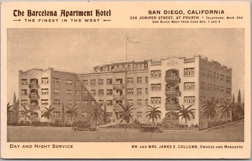 c1910s SAN DIEGO CA Postcard THE BARCELONA APARTMENT HOTEL Juniper Street UNUSED