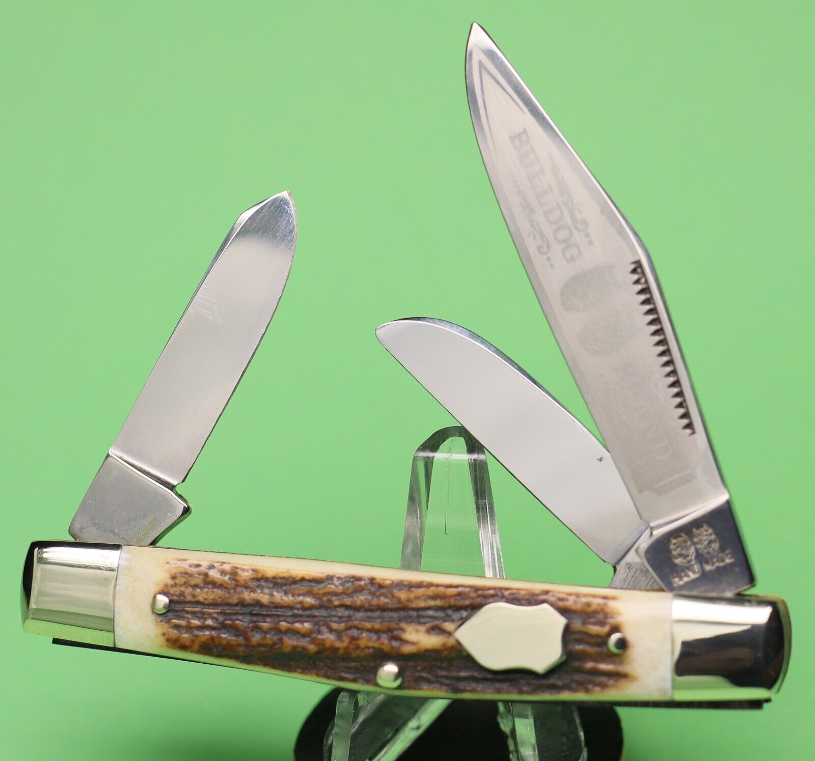 Nice Bulldog Brand 5th Generation Hand Made Stag 3-Blade Stockman Pocket Knife
