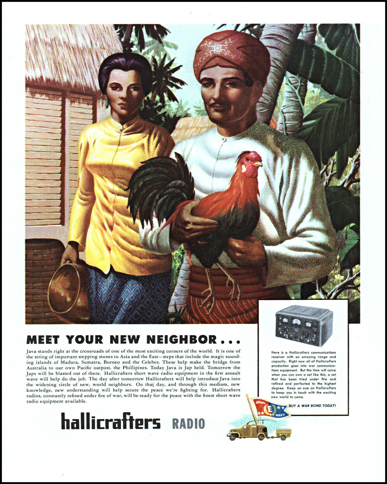 1944 Indonesia Java island rooster Hallicrafters radio vintage art print ad L81