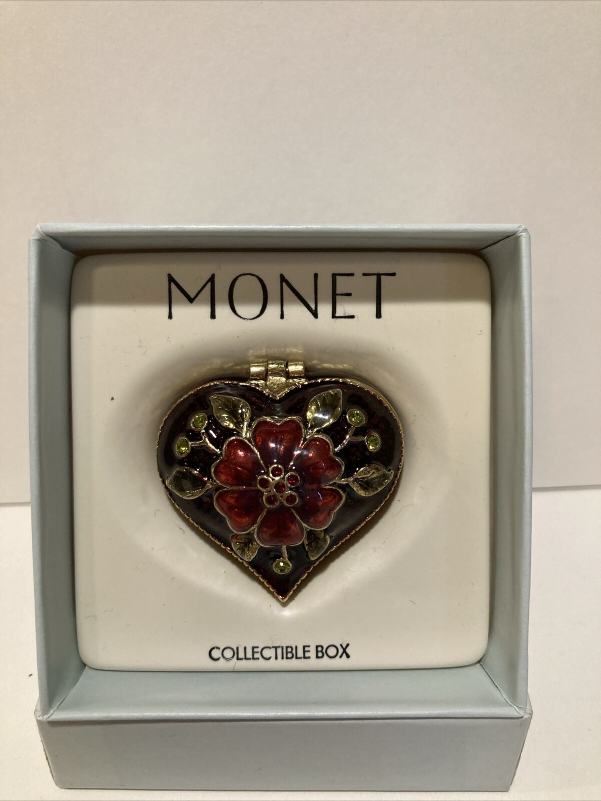 Vintage Monet Red Heart Trinket Box Flower Pill Ring Enamel Crystal Rhinestone